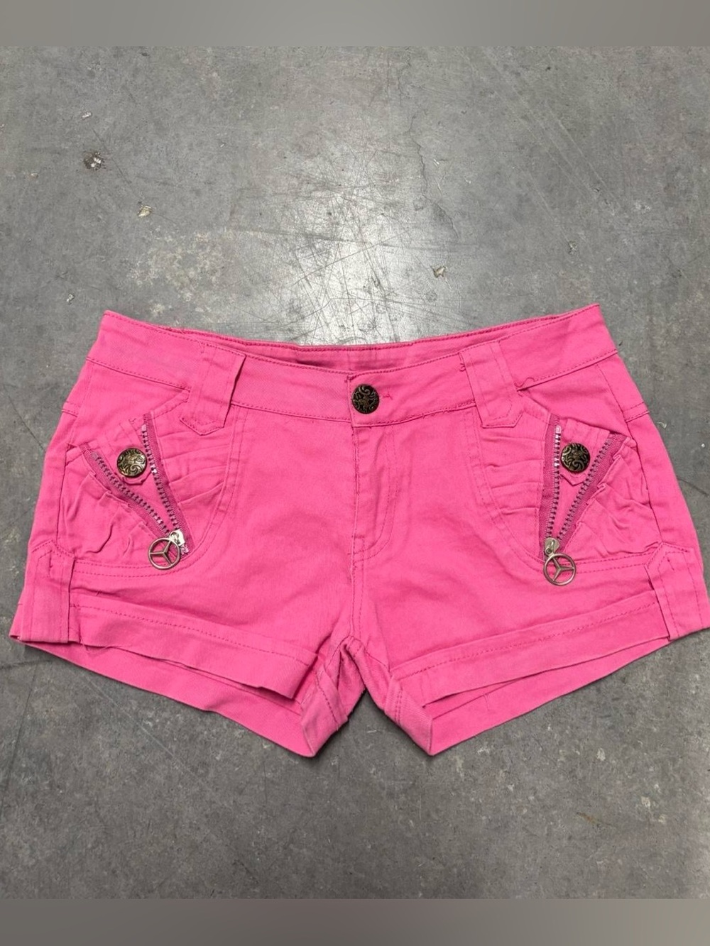 Y2K Pink Low Rise Short Shorts with peace sign zipper details